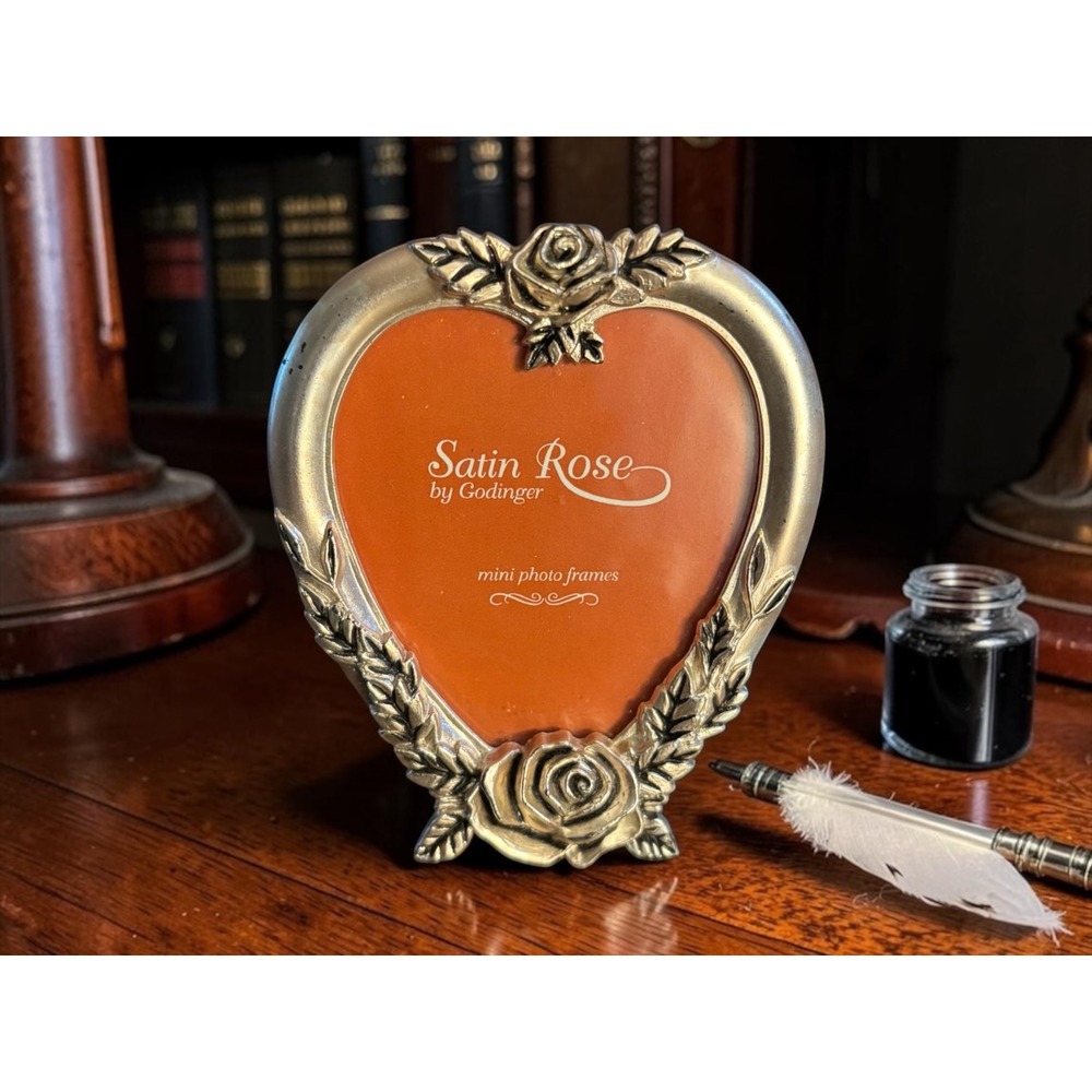 Godinger Satin Rose Silver Plate Heart Mini Photo Frame Floral Ornate Tabletop
